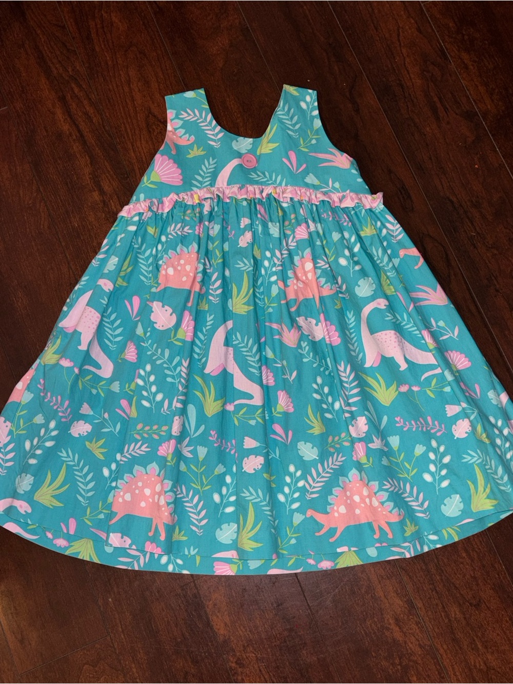 Eleanor Rose Teal Dress with Pink & Green Dinosaur Print